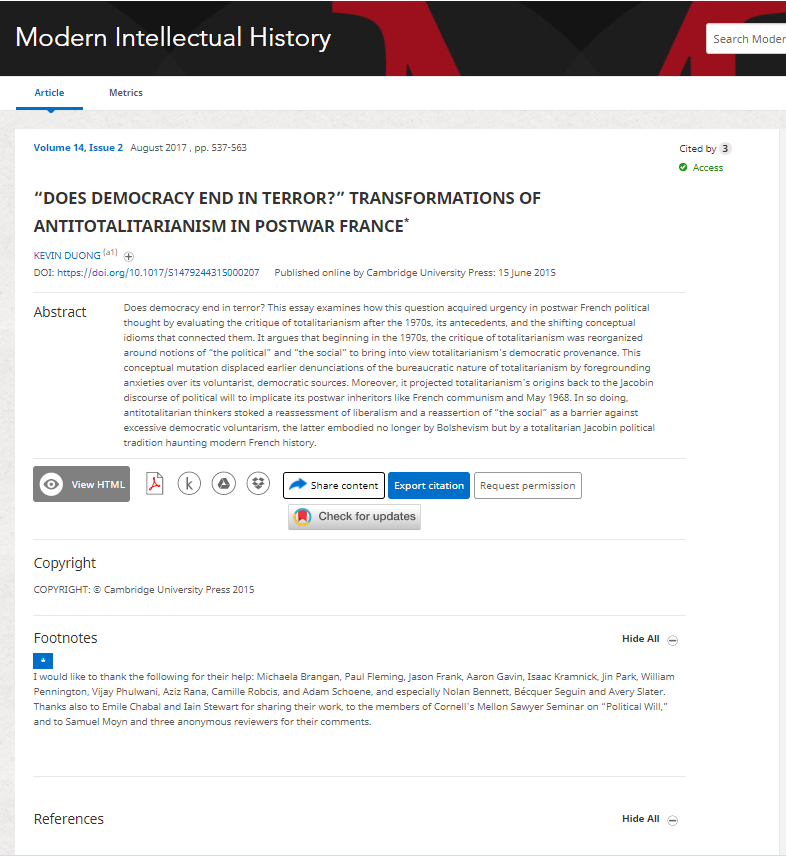 "Does Democracy End in Terror?" Transformations of Antitotalitarianism in Postwar France