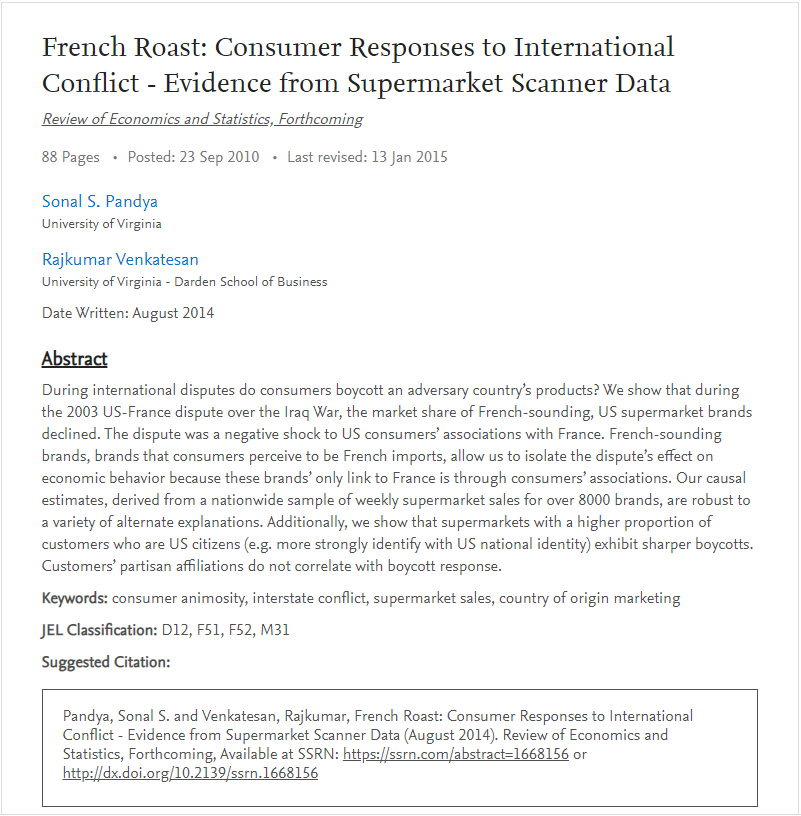 French Roast: International Conflict and Consumer Boycotts-Evidence from Supermarket Scanner Data