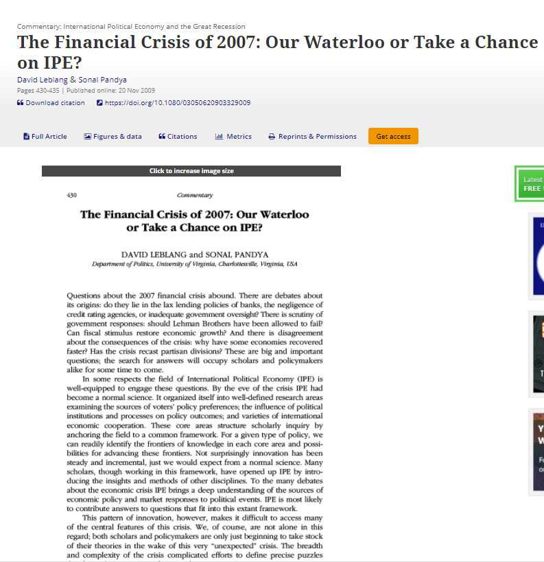 The Financial Crisis of 2007: Our Waterloo or Take a Chance on IPE?