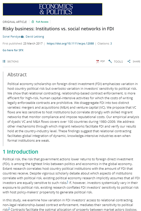 Risky Business: Institutions vs. Social Networks in FDI