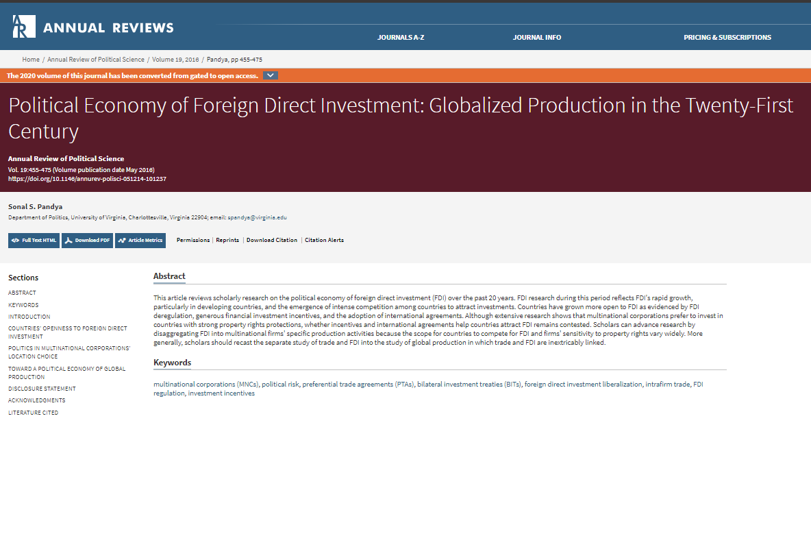 Political Economy of Foreign Direct Investment: Globalized Production in the Twenty-First Century