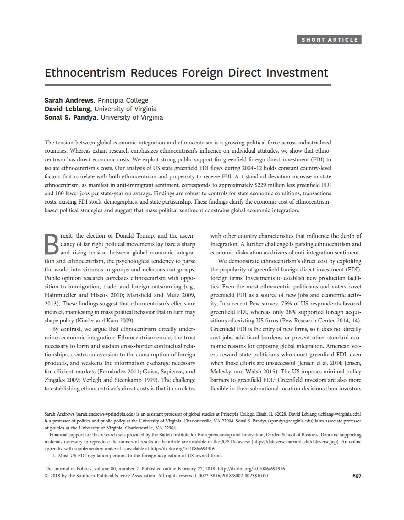 Ethnocentrism Reduces Foreign Direct Investment