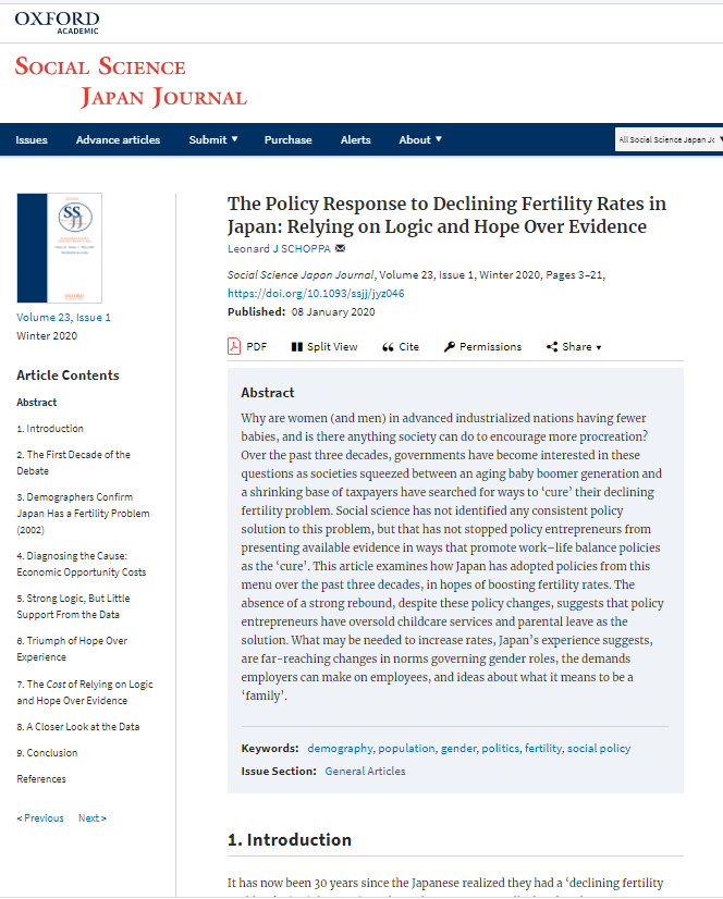 The Policy Response to Declining Fertility Rates in Japan: Relying on Logic and Hope Over Evidence