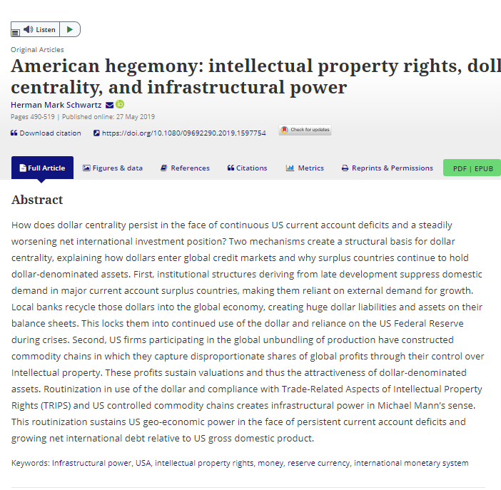 American Hegemony: Intellectual Property Rights, Money, and Infrastructural Power