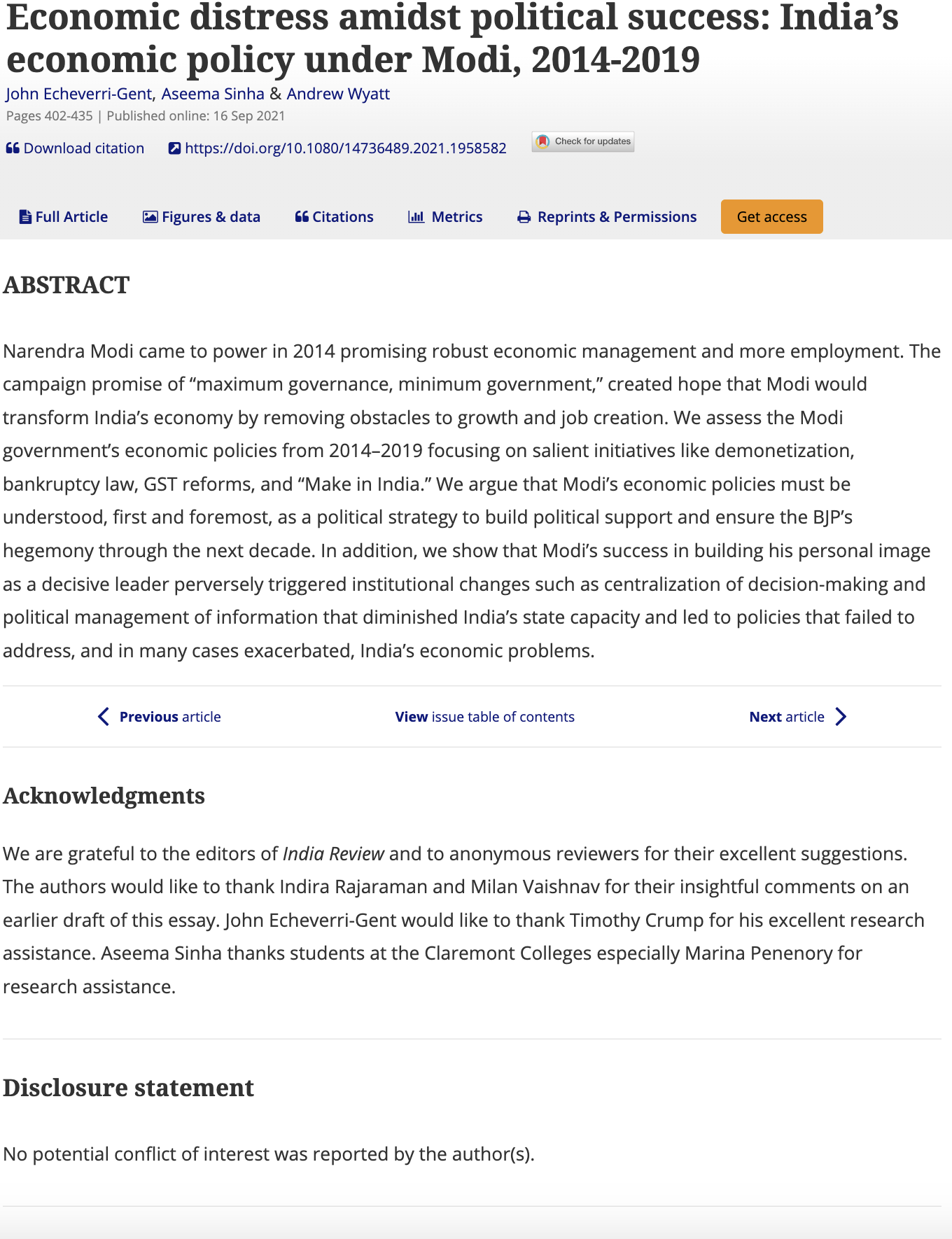 Economic distress amidst political success: India’s economic policy under Modi, 2014-2019