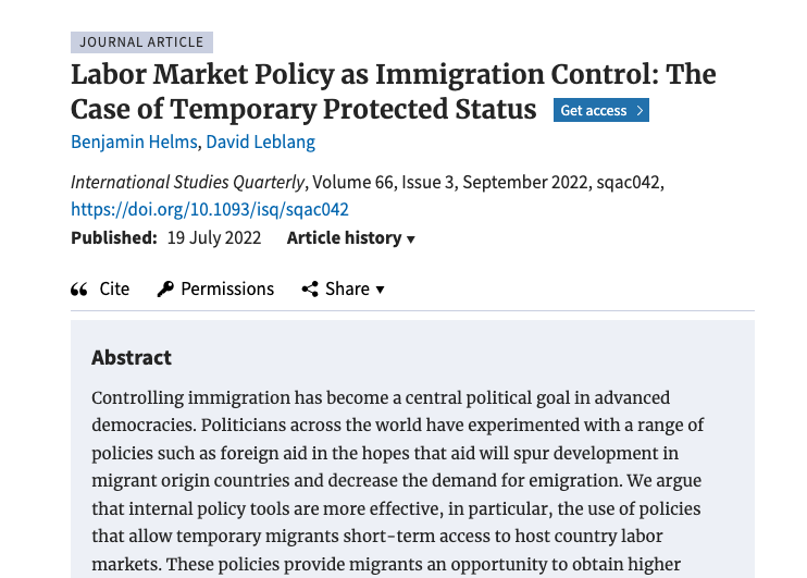 Labor Market Policy as Immigration Control: The Case of Temporary Protected Status