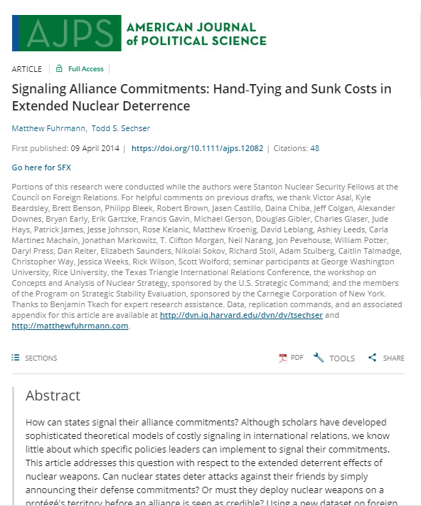 Signaling Alliance Commitments: Hand-Tying and Sunk Costs in Extended Nuclear Deterrence