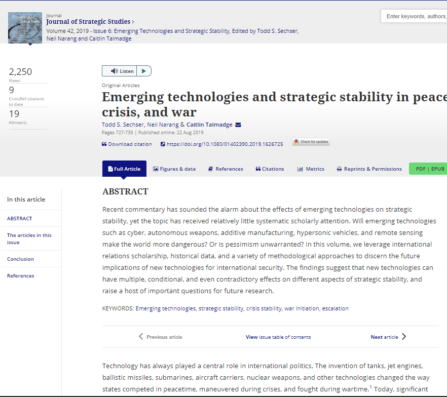 Emerging Technologies and Strategic Stability in Peacetime, Crisis, and War