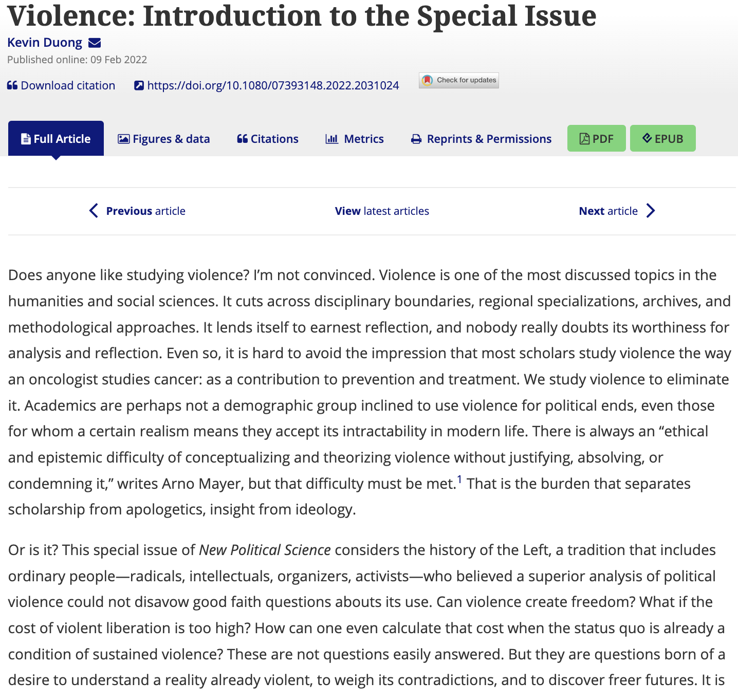 Violence: Introduction to the Special Issue