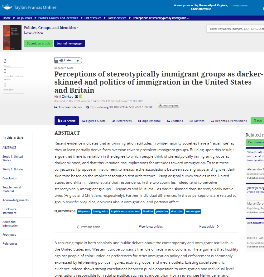 Perceptions of Stereotypically Immigrant Groups as Darker-skinned and Politics of Immigration in the United States and Britain.