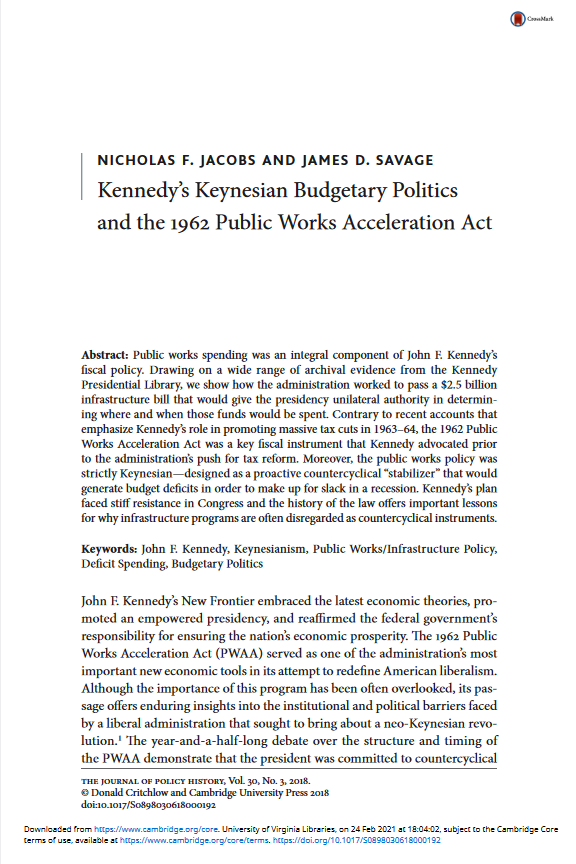 Kennedy’s Keynesian Budgetary Politics and the 1962 Public Works Acceleration Act