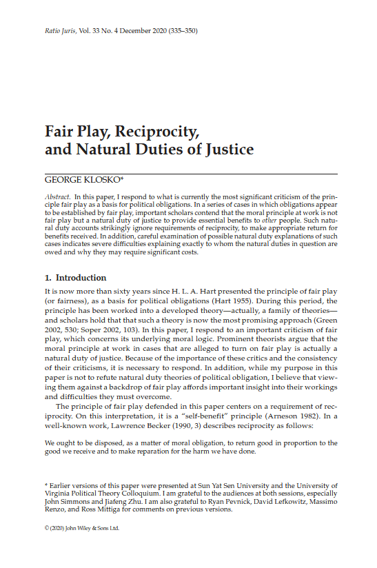 Fair Play, Reciprocity, and Natural Duties of Justice