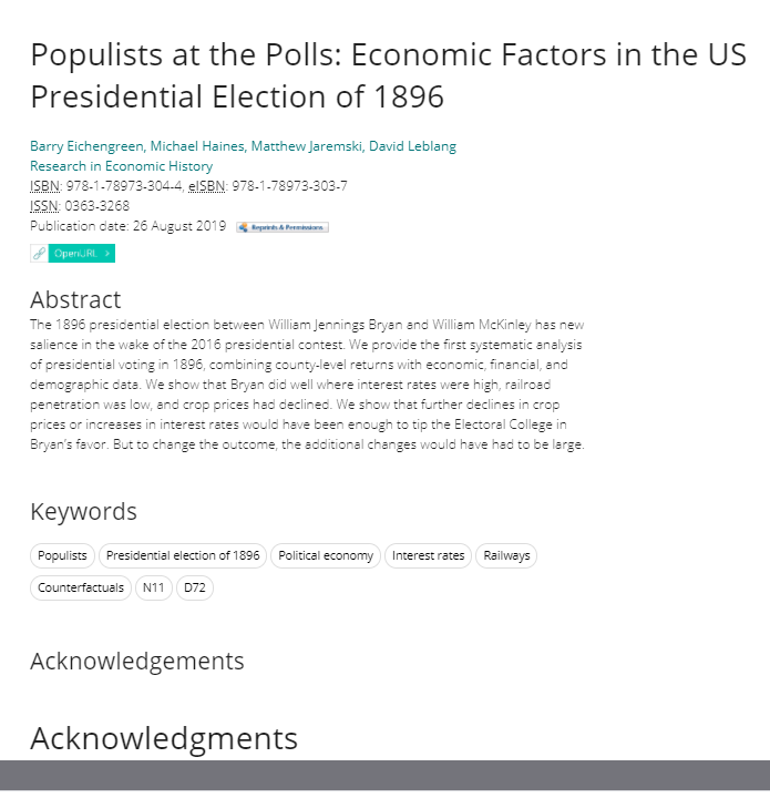 Populists at the Polls: Economic, Political, and Social Factors in the 1896 Presidential Election